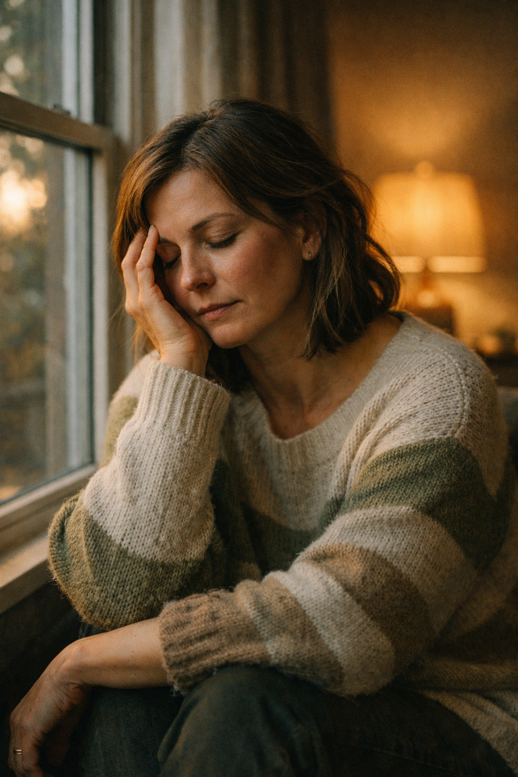 Mulher cansada e pensativa